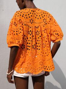 Aveloria Modichic 女士休闲/度假圆领超大落肩泡泡袖短袖衬衫，单肩镂空，精致刺绣和激光切割面料 - 橘色 - 查看 2