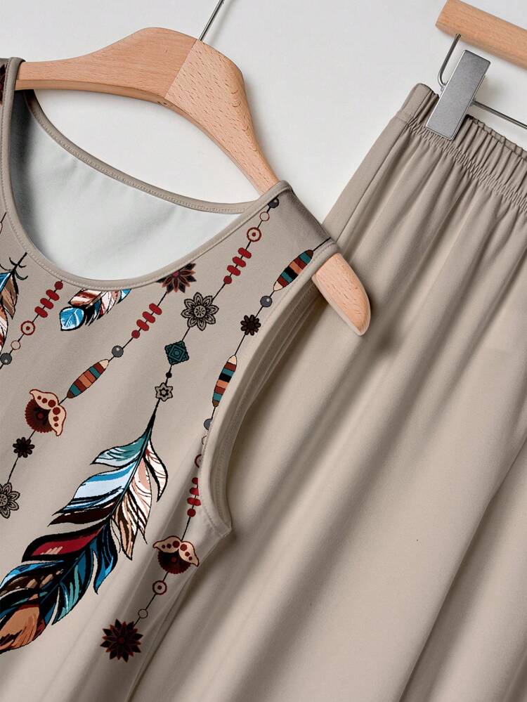 Set de 2 piezas Mujer Casual Parte superior sin mangas con estampado de plumas y Pantalones largos de cintura elástica de unicolor, Adecuado para verano, Adecuado para salir, Ropa casual de otoño
