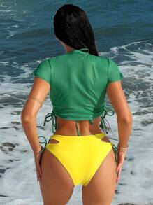 Swim SXY Women's Fashion Sports Style Solid Color Strappy Tankini Swimsuit Top With Hollow Drawstring Swimsuit Shorts & Brazilian Flag Print Mesh Cover-Up Bikini 3-Piece Set, Suitable For Holiday Beach For Summer Beach Vacation - Multicolor - View 2