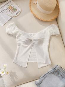 SHEIN Unity White Textured Fabric Sexy Ruched Front Slit Twist Cute Sweet Cropped Top T-Shirt - White - View 1