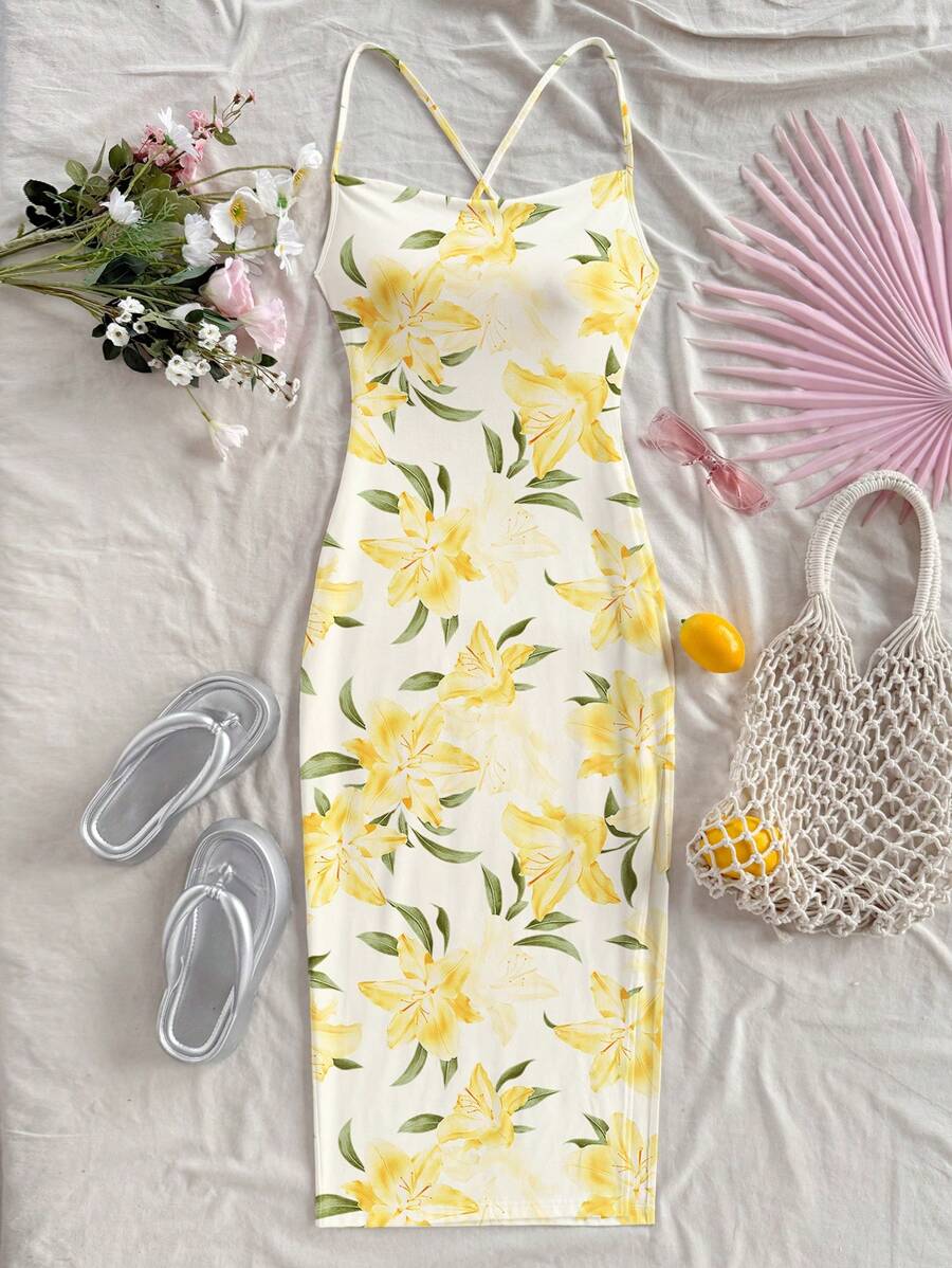 Soleia Women's Elegant Floral Print Long Dress With Spaghetti Straps Suitable For Going Out Chic Dress - Butter Yellow - View 1