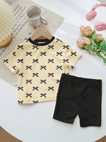 2pcs Girls Casual Simple Short Sleeve Shorts Set, Suitable For Summer - Multicolor - View 3