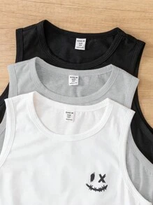 SHEIN Leap Crew 3 件套青少年男童休闲街头服饰可爱图案圆领背心，适合通勤、上学、日常休闲装、运动、春夏季 - 灰色 - 查看 3