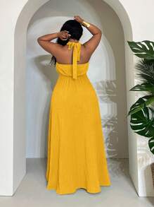 Slaydiva 女式加大码纯色绿色交叉肩带高开衩性感节日长裙 - 黃色 - 查看 2