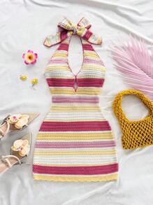 Soleia Vacation Halter Wrap Backless Contrast Stripe Knitted Dress - Multicolor - View 5