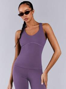 Athîral 女士纯色吊带背心和紧身裤无缝运动套装 - 紫色 - 查看 5