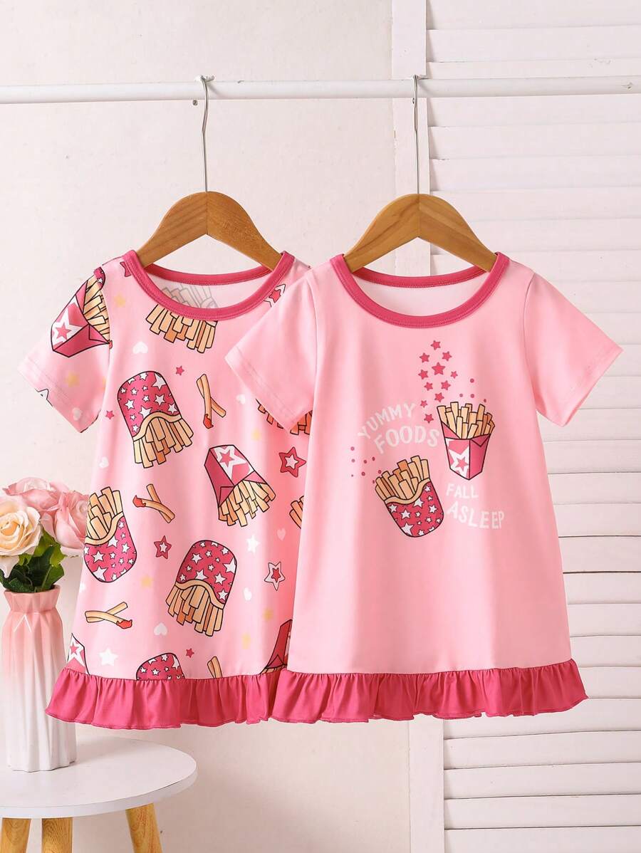 2pcs Baby Girls Casual Cute Princess Digital Print Star & Fries Colorblock Round Neck Ruffle Hem Dress Set, Comfortable Home Outfit - Pink - View 1