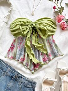 Soleia Women's Tie-Dye Ditsy Floral Asymmetrical Hem Camisole Crop Top, Suitable For Vacation, Music Festival, Bohemian, Holiday, Afternoon Tea