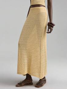 Ontre 2025 New Country Music Festival Vacation Style Khaki Elastic Waist Knitted A-Line Skirt For Women, Spring/Summer, Casual Wear Beach Clothing, Bohemian Style Vacation Wear, Summer Ins Celebrity Same Style Vacation Style, Exotic Atmosphere, Country Concert, Western Style Clothing, High-Grade Fabric, Comfortable And Breathable - Khaki - View 7