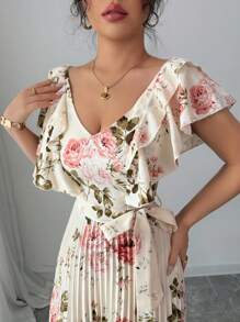 Elenzga V-Ausschnitt Digitaldruck Blumen Urlaubs Volant Taille A-Linie elegantes romantisches Damenkleid