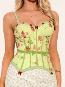 Glamine 女士夏季优雅花朵印花吊带背心、女士夏季服装、夏季上衣、短款上衣、女士紧身胸衣上衣 - 綠色 - 查看 2
