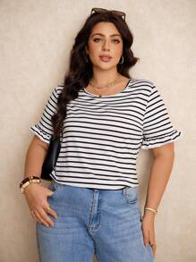 Elaquor Plus Size Boho Striped Print Tee, For Summer - Black and White - View 6