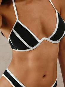 Swim Chiccia Ladies' Spring/Summer Beach Black And White Color Block Steel Backpack High Waist Pants Bikini Set - Black and White - View 6