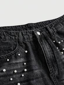 ROMWE MEN ROMWE Avant Pantalones vaqueros casuales de moda para hombres con adorno de perla falsa lavada