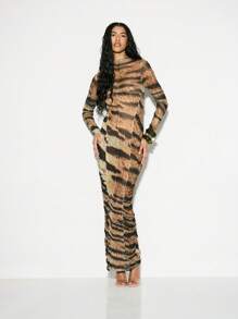 KIZN Abito lungo aderente con maniche lunghe e motivo a strisce di tigre in rete, collo alto, arricciato, per eventi serali, feste, occasioni speciali, stile elegante e vistoso