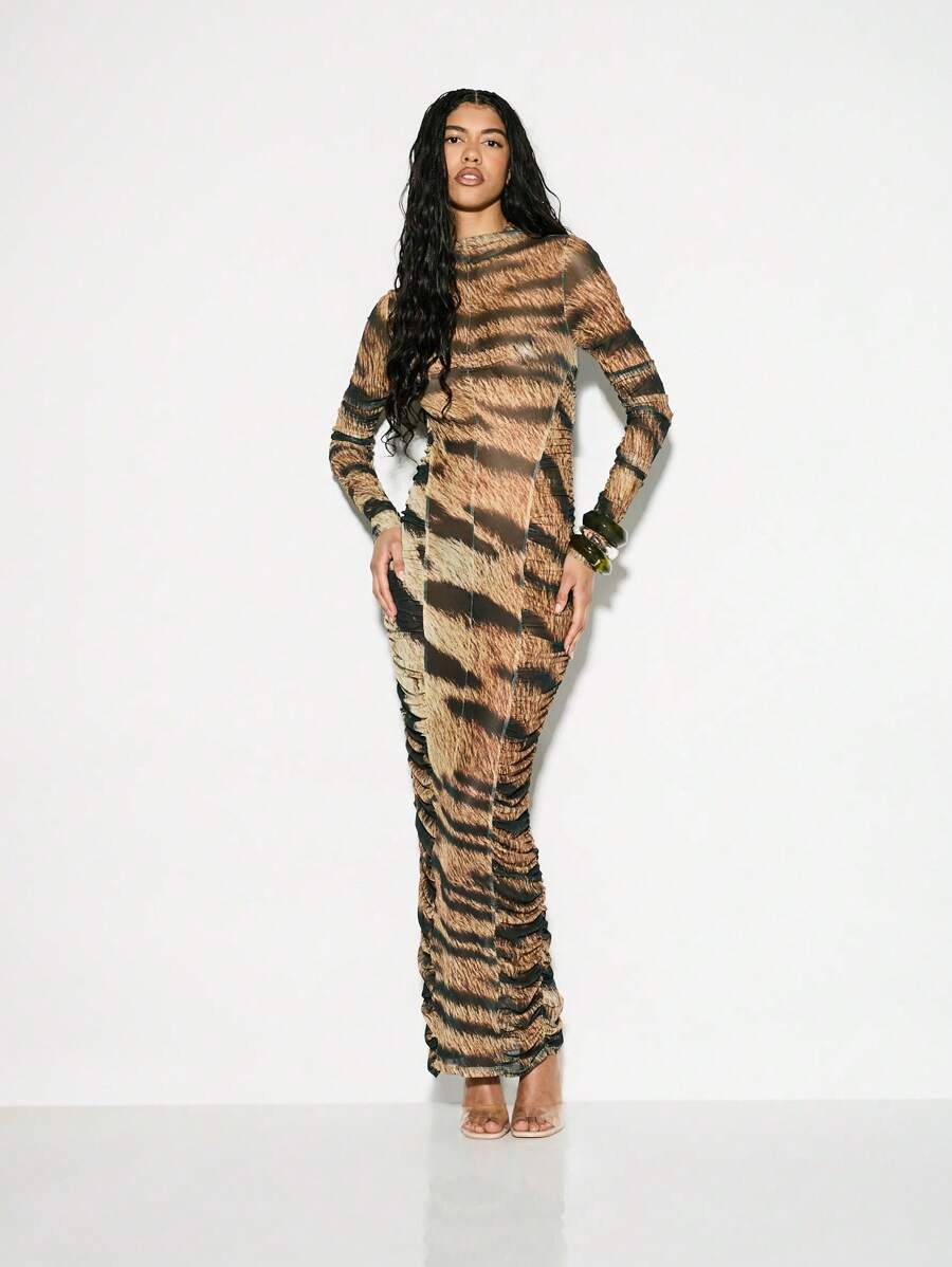 KIZN Abito lungo aderente con maniche lunghe e motivo a strisce di tigre in rete, collo alto, arricciato, per eventi serali, feste, occasioni speciali, stile elegante e vistoso