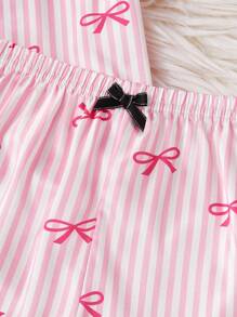 Young Girl Pajamas Pink Bow Striped Satin-Like Trim Colorblock Short Sleeve & Shorts Nightwear Set, Fashion Lapel Casual Homewear Back To School Fashion