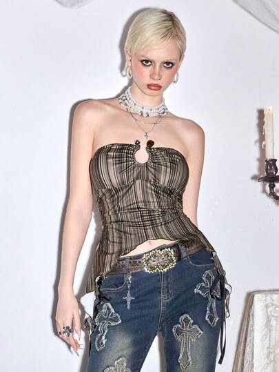 Fairycore gestreiftes Drucktop mit asymmetrischem Saum für Damen