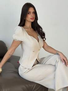 Firerie 节日版职场女士通勤泡泡袖不对称金属纽扣开衫&阔腿亚麻裤修身显瘦杏色通勤套装度假 - 杏色 - 查看 6