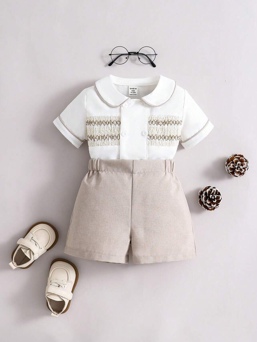 Souflis Souflis 2 Stücke Set aus Hemd mit gesticktem Kragen und einfachen Shorts für Babys und Kleinkinder, geeignet für Partys, Hochzeiten, Sommer
