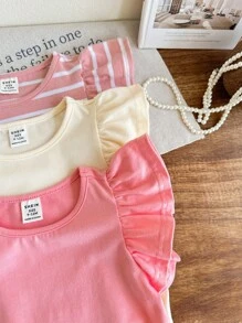 SHEIN LMoss Kids LMoss 3pcs Newborn Baby Girl Cute Summer Knitted Striped Ruffle Bodysuit Set - Multicolor - View 6