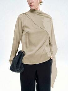 Aalyst 女士纯色立领拼接喇叭袖口宽松优雅衬衫