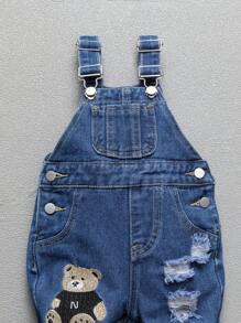 SHEIN Baby/Toddler Boys' Black Bear & Letter Embroidered Distressed Washed Denim Jeans - Medium Wash - View 7
