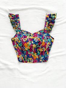 Soleia Top corto con estampado floral, tiras, espalda descubierta y ribete de volantes para mujer, perfecto para vacaciones y primavera