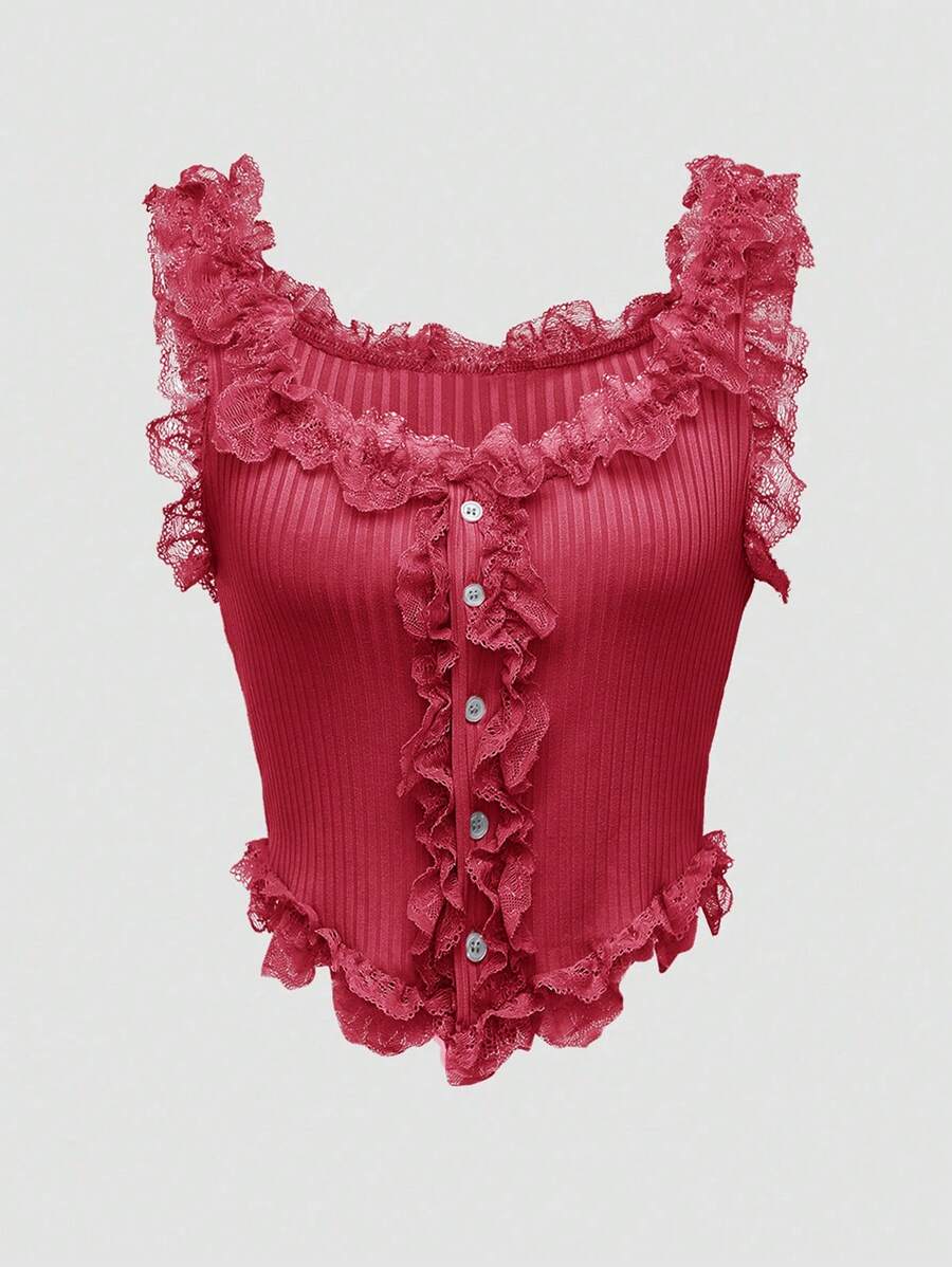 Lunelith SHEIN Lunessa Women Lace Knitted Stretchy Asymmetrical Hem Camisole Tank Top