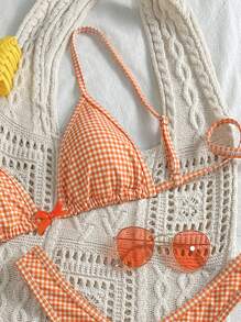 Swim Mod Summer Women Random Plaid Spaghetti Strap Cute Bow Accent 2pcs Bikini Set - Orange - View 4