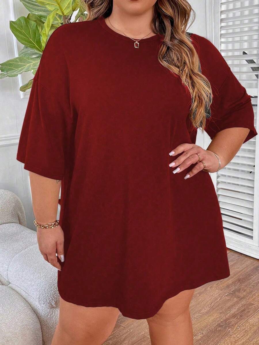 SHEIN CURVE+ Plus Size Casual Solid Color Crew Neck Short Sleeve T-Shirt, Summer - Burgundy - View 1