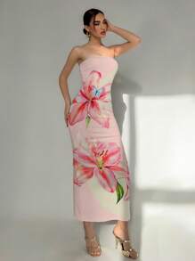 Aloruh Vestido estampado de lirios y con tirantes ajustados, elegante para vacaciones, adecuado para playa / resort / citas elegantes y románticas / Día de San Valentín / festivales de música - Rosa - Ver 3