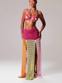 MUSERA Low Rise Contrast Panel Crochet Knit Flounce Hem Maxi Skirt Only Ibiza Sexy Vacation Holiday Summer Festival Beachwear Romantic Elegant Birthday Tequila Sunrise, Beach Club Fall