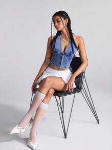 SHEIN ICON Women's Blue Denim Halter Top, Long Zippered Corset Style With Lace-Up Sides, Half Sleeves - Blue - View 5