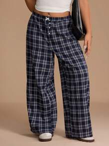 Forever 21 Plus Size Tartan Pattern Bow Detail Slant Pocket Pants - Blue - View 1