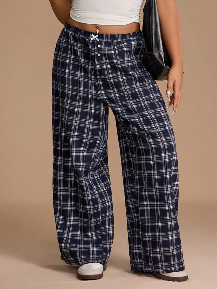Forever 21 Plus Size Tartan Pattern Bow Detail Slant Pocket Pants - Blue - View 1