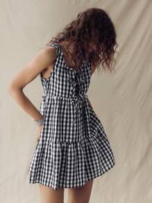 SHEIN LUNE 格纹印花迷你连衣裙，蝴蝶结和琴弦，美国西南乡村度假航海风格女夏装女装短款牛仔度假连衣裙 - 黑與白 - 查看 2