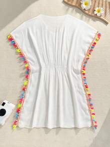SHEIN Teen Girl Summer Vacation Beach Fashion Tassel Trim Cover Up Dress Young Girls Sets Beachwear Teen Cover Up Bathing Suit Cover Up Beach Cover Up Beach Cover Up Teen - White - View 2