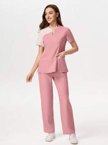 TaskEZ Conjunto de uniforme de pijama médico con parte superior de manga corta con parches de color contrastante y pantalones largos - Rosa - Ver 5