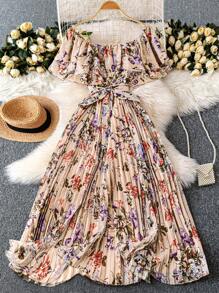 Reflora 大码优雅花卉印花百褶连衣裙，度假装 - 杏色 - 查看 7