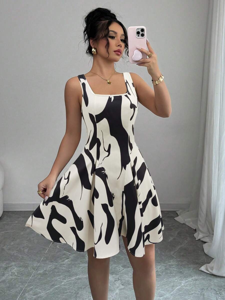 Chiquease 休闲度假方领无袖女士连衣裙，后背隐形拉链，印花设计 - 彩色 - 查看 1