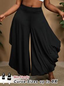 SHEIN CURVE+ Pantaloni larghi asimmetrici di colore tinta unita in taglie comode, Curve Plus, adatto per le vacanze