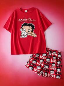 Betty Boop x SHEIN Women Casual Cartoon Graphic Round Neck Short Sleeve Top And Shorts Red Pajama Set, Summer