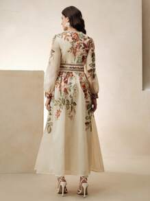 Anewsta Vestido elegante de manga larga con cuello en V, cintura y manga acampanada con estampado floral y encaje, adecuado para vacaciones, primavera/verano, festivales, graduación