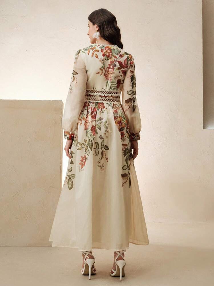 Women's Long Sleeve Lace Trim V-Neck Waist Floral Print Elegant Flare Sleeve Midi Dress, Suitable For Vacation, Spring/Summer, Festival, Graduation