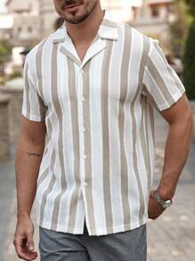 Manfinity CasualCool Men's Casual Daily Wear With An Island Vacation Style, Featuring Party Fashion. This Classic And Stylish Striped Knitted Crochet Textured Short-Sleeve Casual Shirt, Perfect For Hawaiian Beach Vacations, Music Festivals, And Everyday, Making It An Ideal Gift For Boyfriends Or Husbands. - Multicolor - View 5