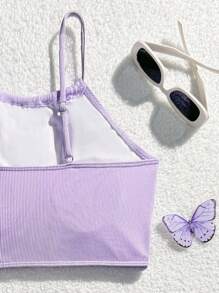 1pc Purple Sweet & Cute Solid Color Tankini Swimsuit Set For Teen Girls, Top And Boyleg Bottom - Purple - View 5