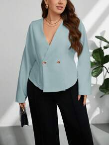Firerie Camicia bianca elegante e basic, con maniche lunghe e decorazioni con fibbia in metallo, stile casual da ufficio, adatta per primavera/autunno, per taglie forti - Blu - Visualizzare 5