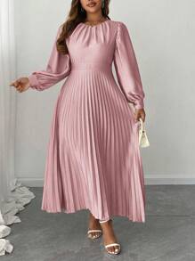 SHEIN Clasi Plus Size Women Elegant Solid Round Neck Ruffle Collar, Puff Sleeve, Pleated Hem Fashion Versatile Long Sleeve Dress, Autumn/Winter - Pink - View 7