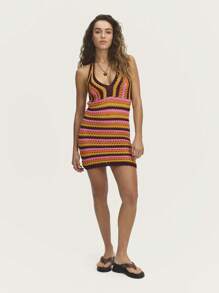 SHEIN Unity Striped Halter Women Mini Dress Featuring Vibrant Summer Tones And A Flattering Halter Neckline, Perfect For Beach Outings, Pool Parties, Or Tropical Getaways - Multicolor - View 5